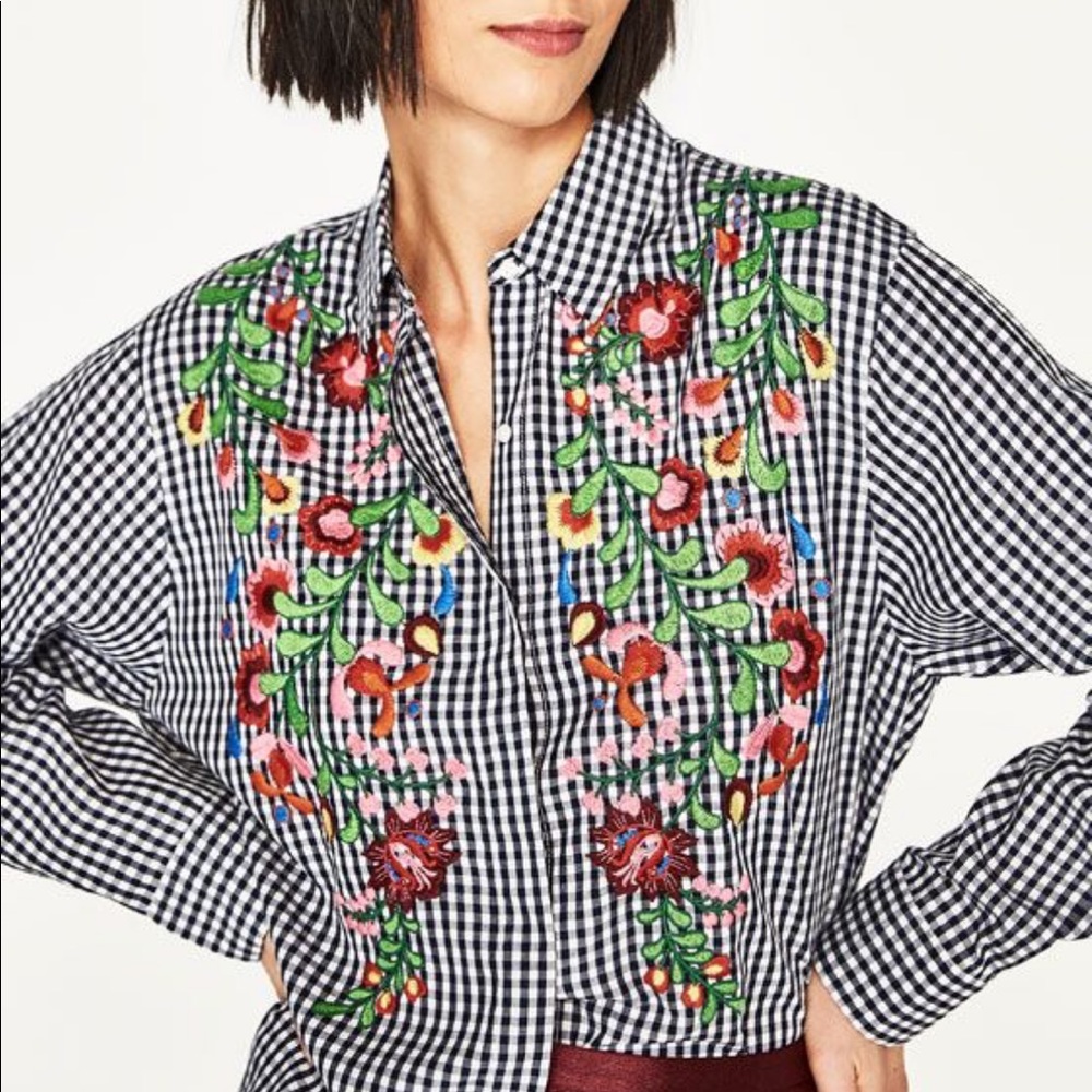 Zara Gingham Button Down Tunic With Embroidery